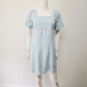 Madewell 100% Linen Square Neck Light Blue Mini Dress Preppy Flutter Slv Size 2